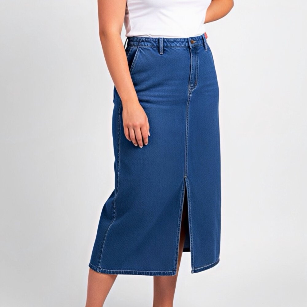 St. John's Bay Denim Straight Midi Skirt Blue Button Pockets Size 14 CottageCore